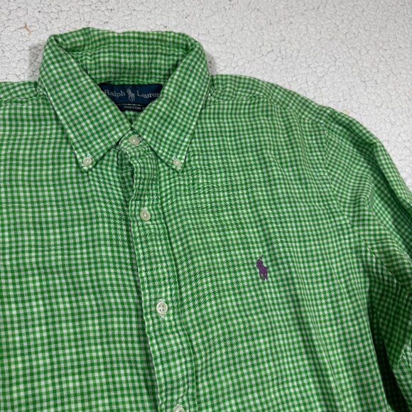 Ralph Lauren Shirt Mens Large Custom Green White Gingham Cotton Gauze Preppy - Picture 2 of 6